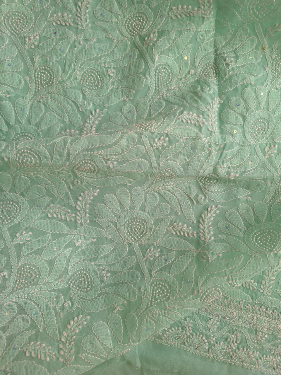 Sea Green Cotton embroidered kurta with pearl work