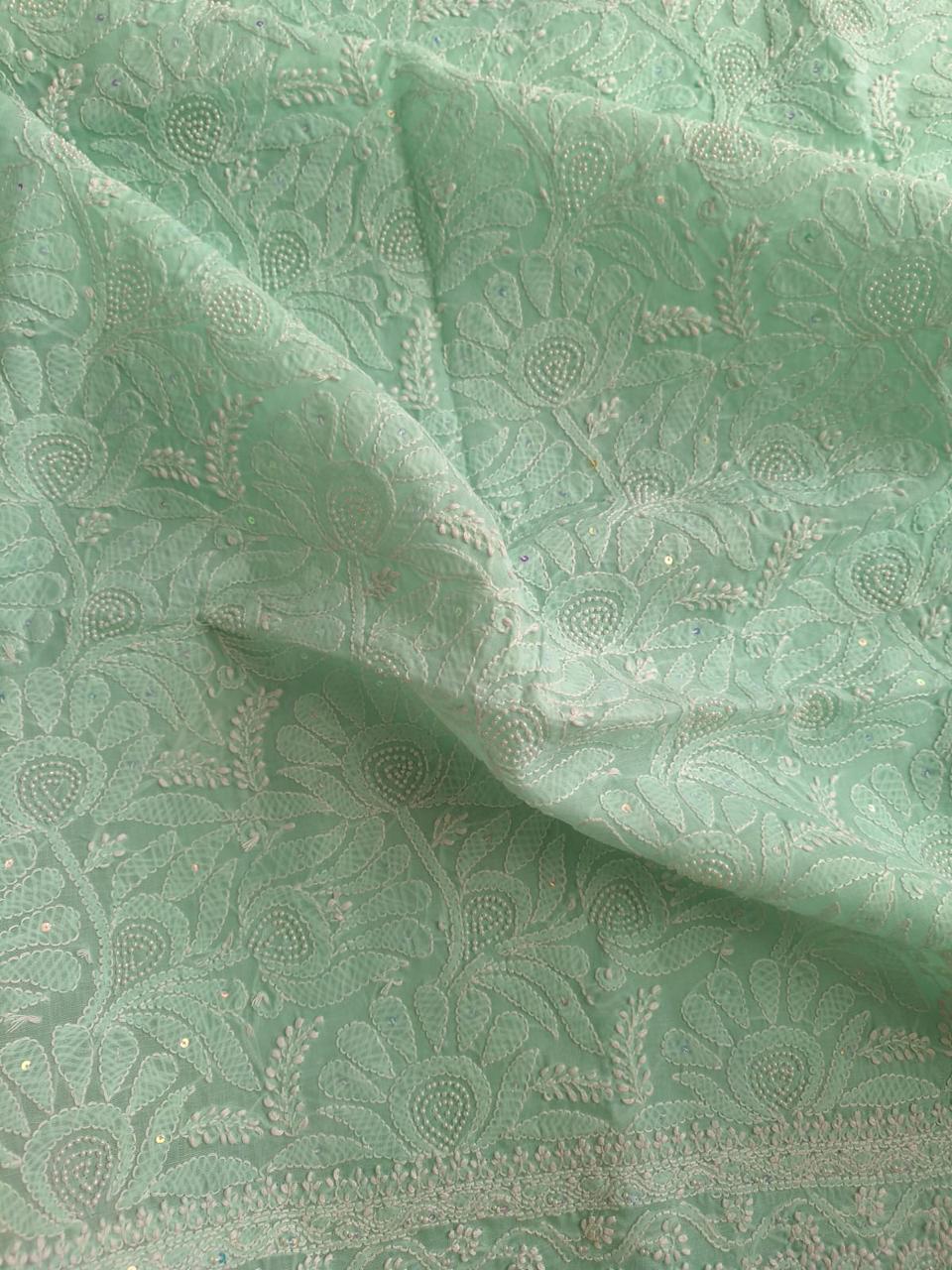 Sea Green Cotton embroidered kurta with pearl work