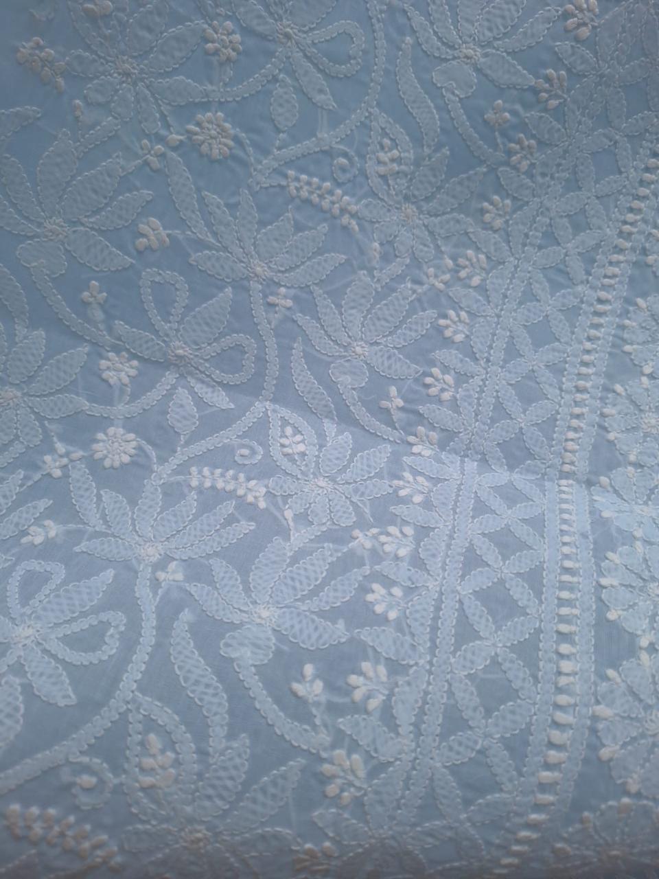 Pastel Blue cotton hand embroidered kurta fabric