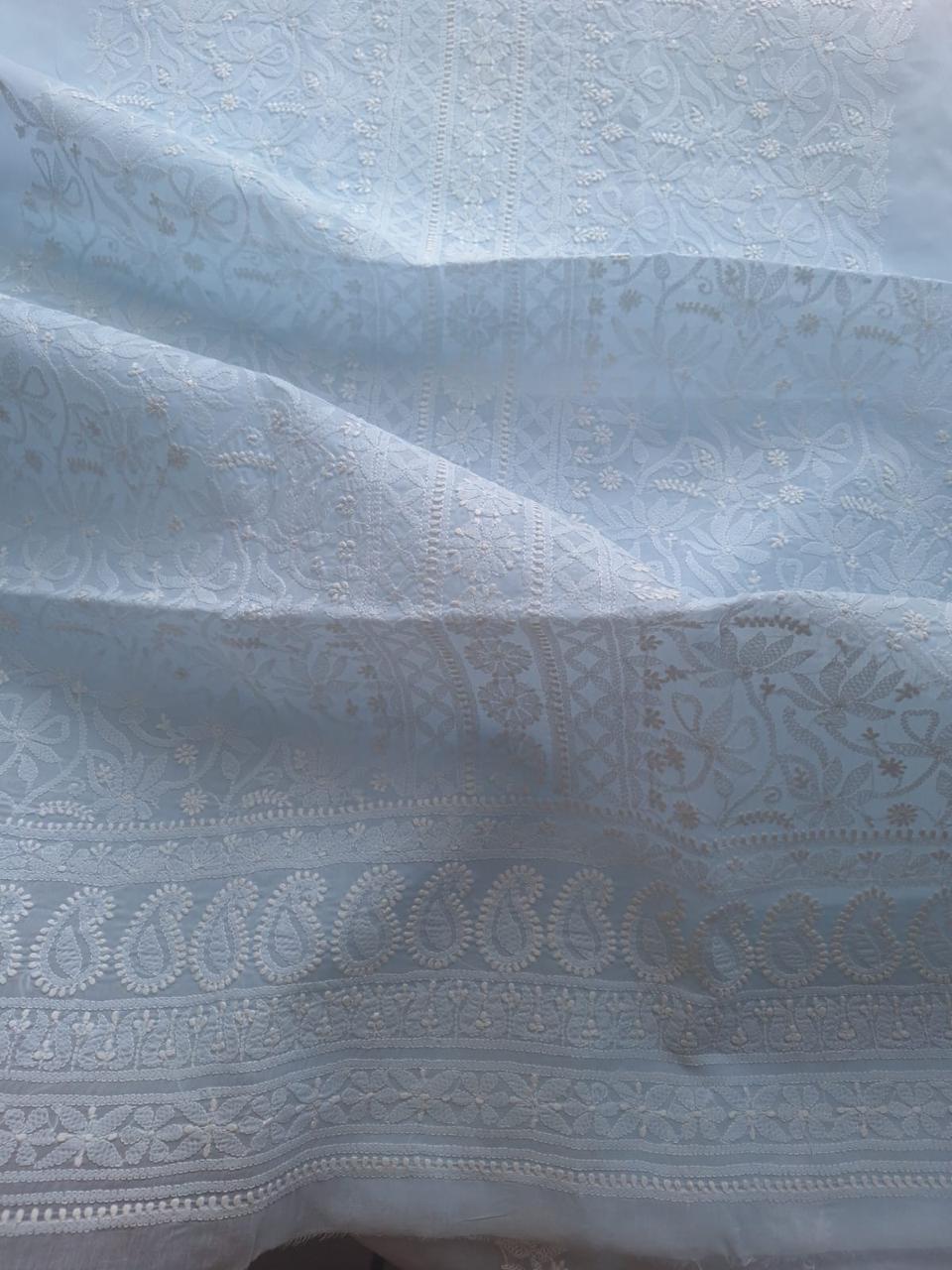 Pastel Blue cotton hand embroidered kurta fabric