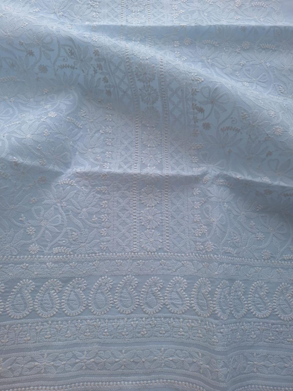Pastel Blue cotton hand embroidered kurta fabric