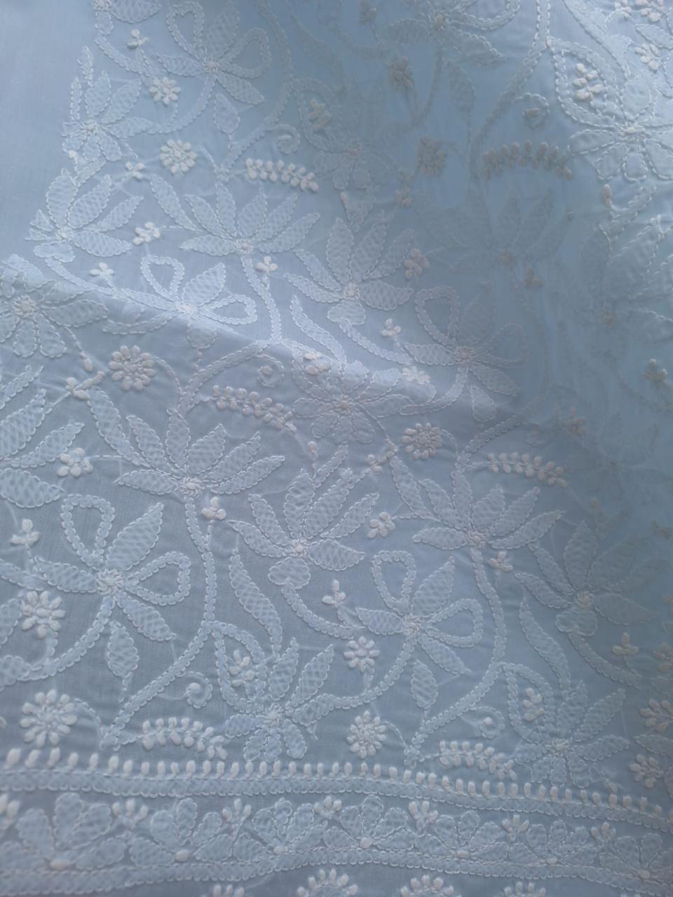 Pastel Blue cotton hand embroidered kurta fabric