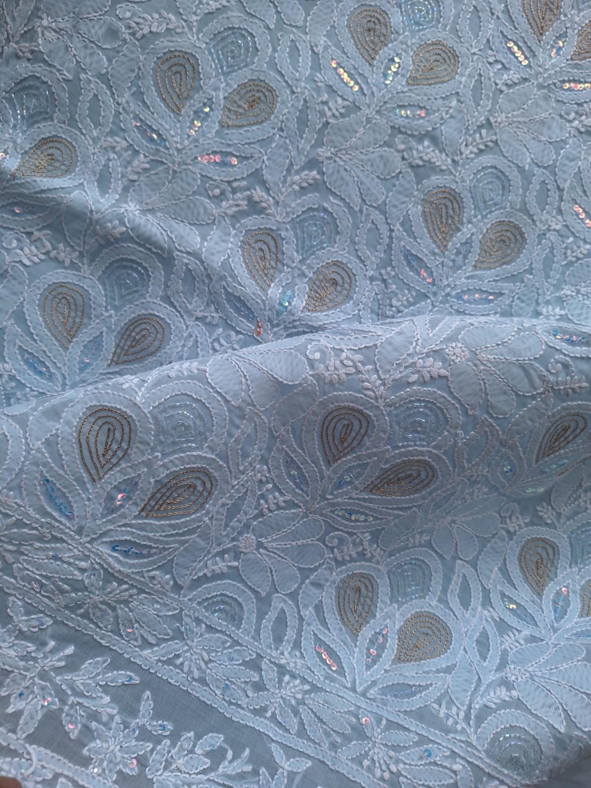 Powder Blue Cotton hand embroidered kurta with embellishments