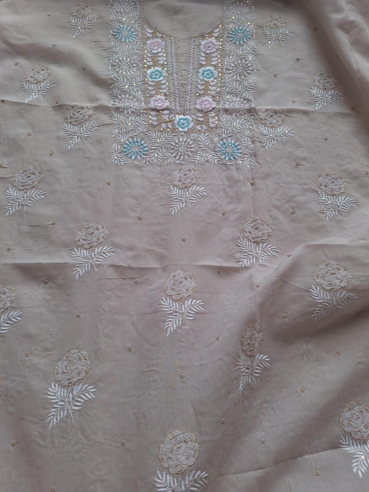 Beige Parsi Neckline Embroidered Kurta