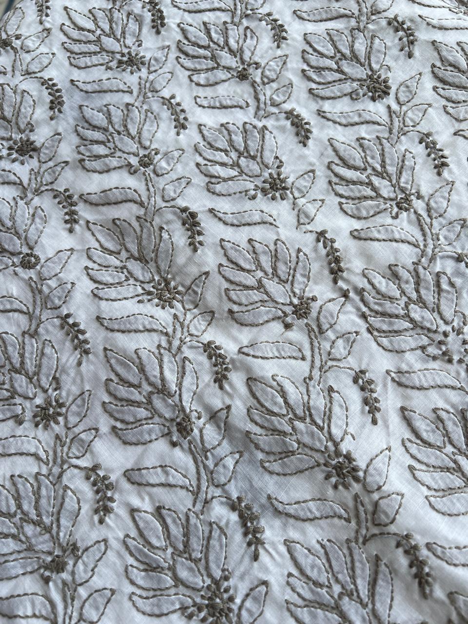 White Kurta Fabric with Grey Chikankari Jaalwork