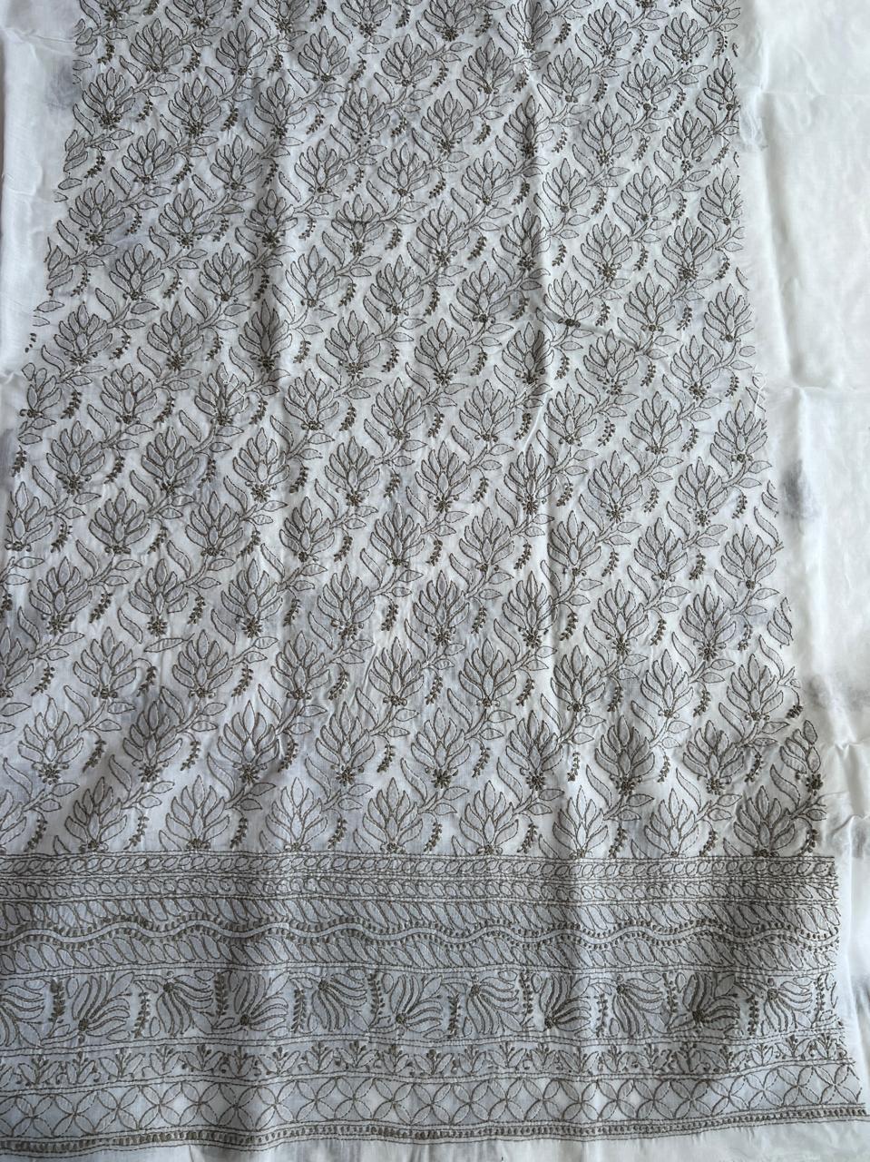 White Kurta Fabric with Grey Chikankari Jaalwork