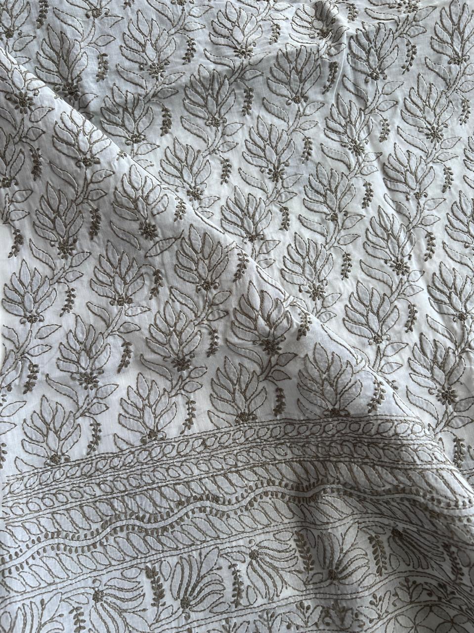 White Kurta Fabric with Grey Chikankari Jaalwork