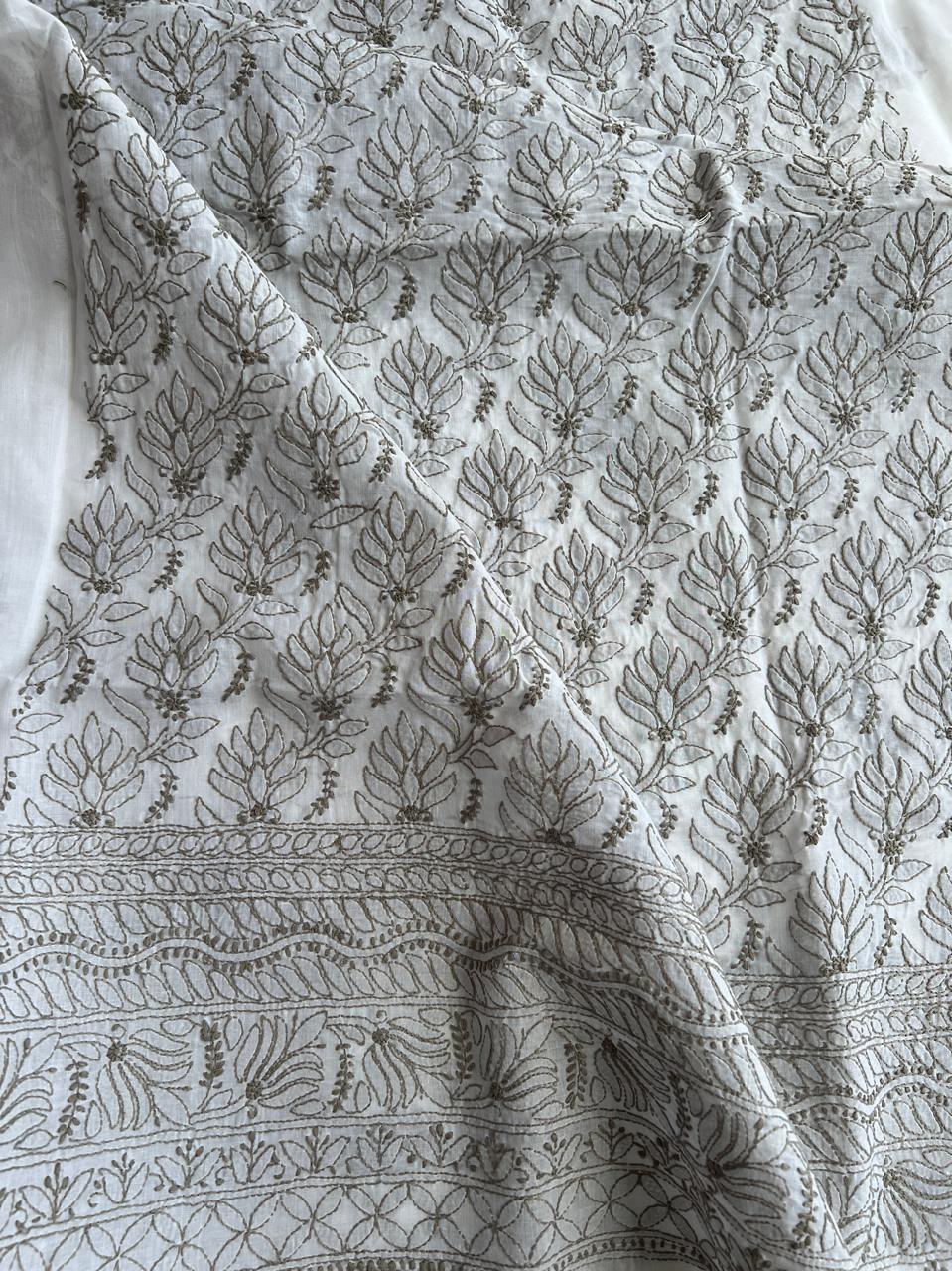 White Kurta Fabric with Grey Chikankari Jaalwork