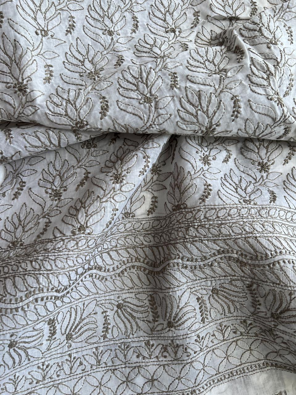 White Kurta Fabric with Grey Chikankari Jaalwork