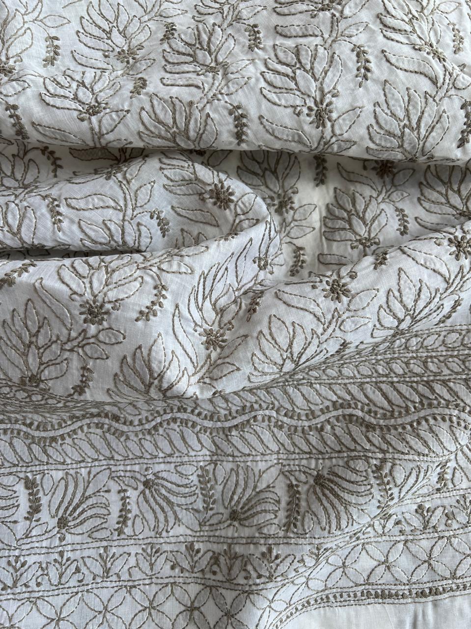 White Kurta Fabric with Grey Chikankari Jaalwork