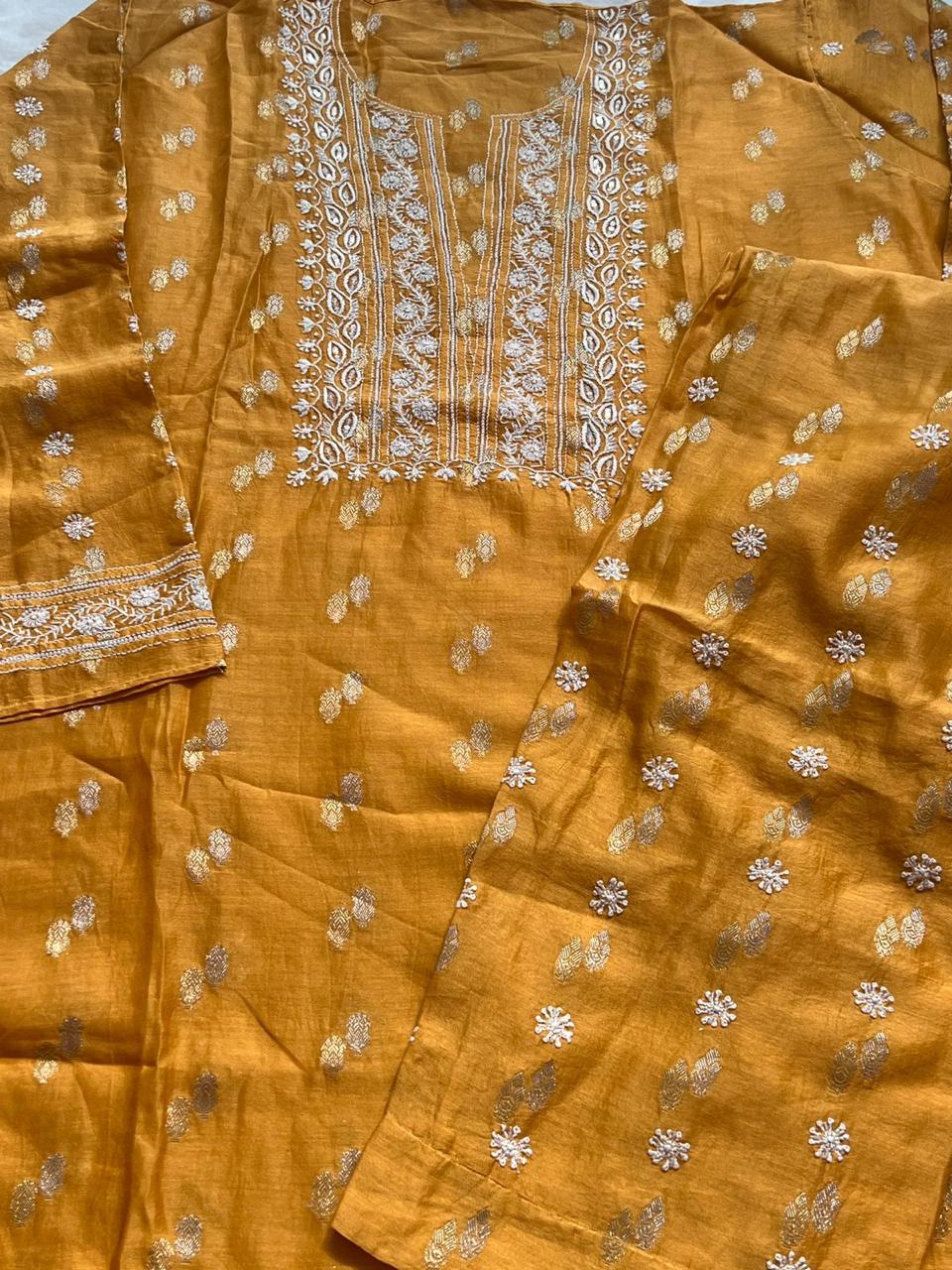 Mustard Yellow Banarsi Buta Top bottom Set with Chikankari