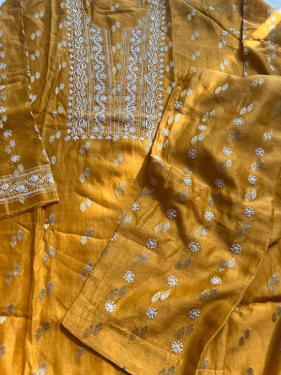 Mustard Yellow Banarsi Buta Top bottom Set with Chikankari