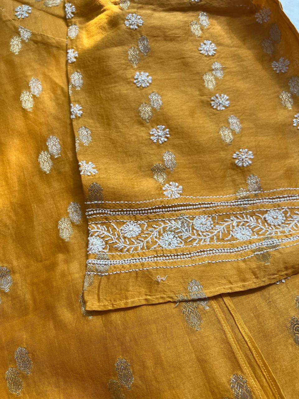 Mustard Yellow Banarsi Buta Top bottom Set with Chikankari
