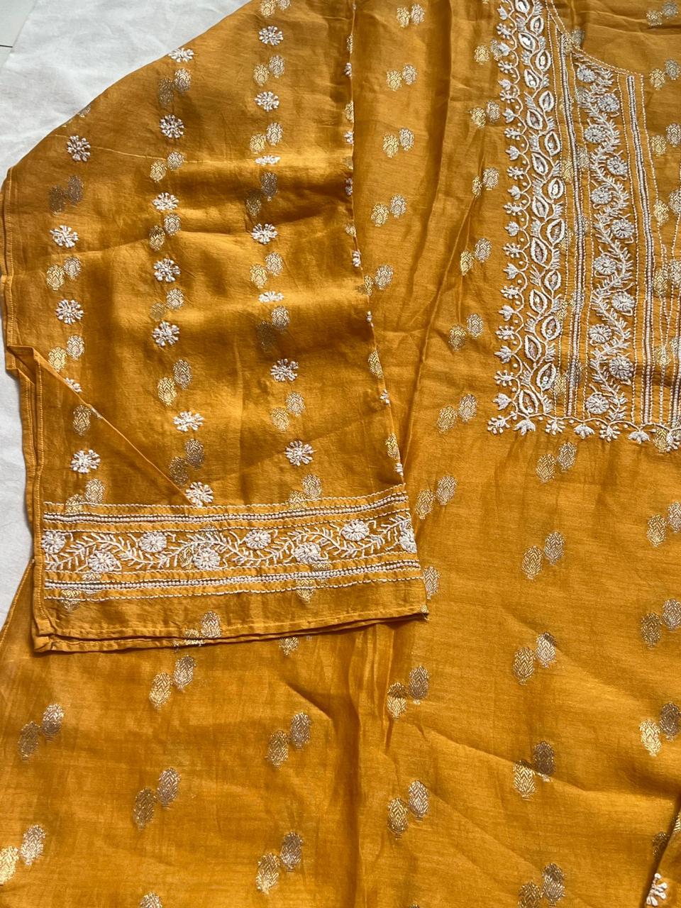 Mustard Yellow Banarsi Buta Top bottom Set with Chikankari