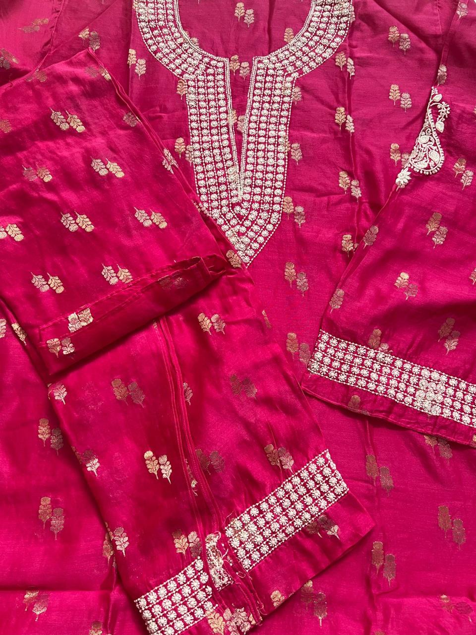 Hot pink Banarsi Buta Top and Bottom Chinkari Co ord set