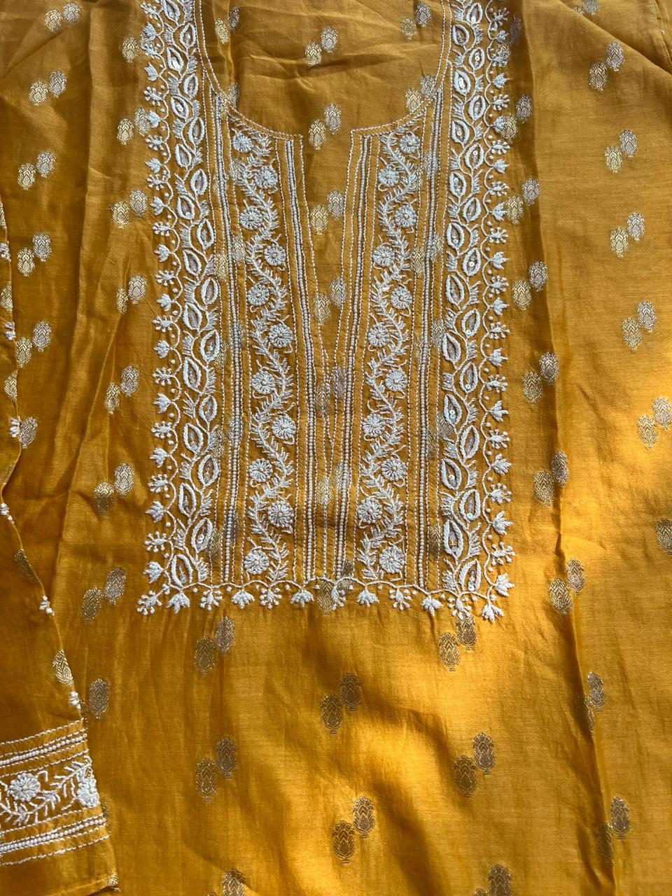 Mustard Yellow Banarsi Buta Top bottom Set with Chikankari