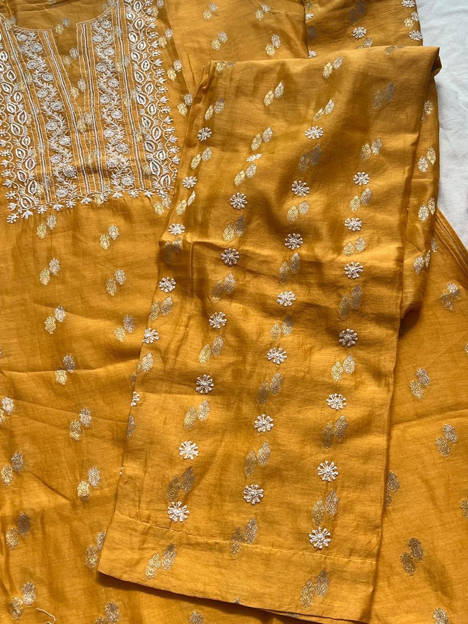 Mustard Yellow Banarsi Buta Top bottom Set with Chikankari