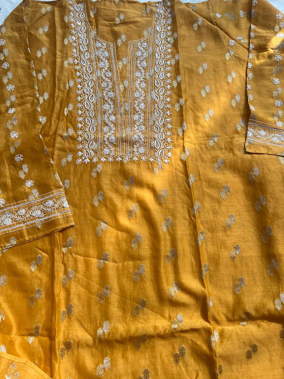 Mustard Yellow Banarsi Buta Top bottom Set with Chikankari