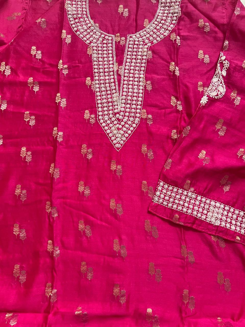 Hot pink Banarsi Buta Top and Bottom Chinkari Co ord set