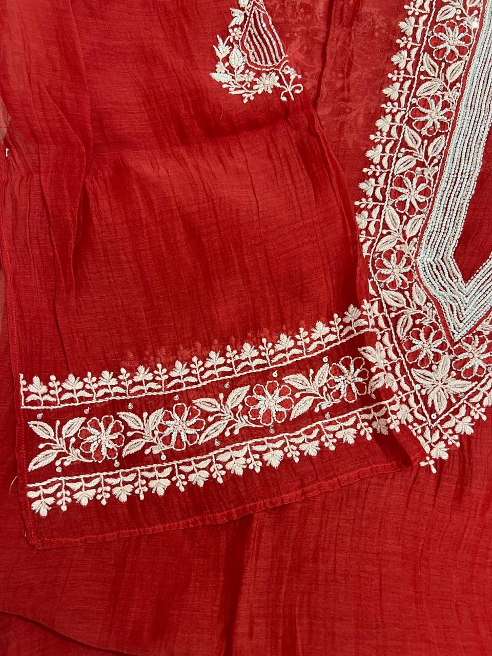 Blood Red Mul Chanderi Semi stitched Co ord set