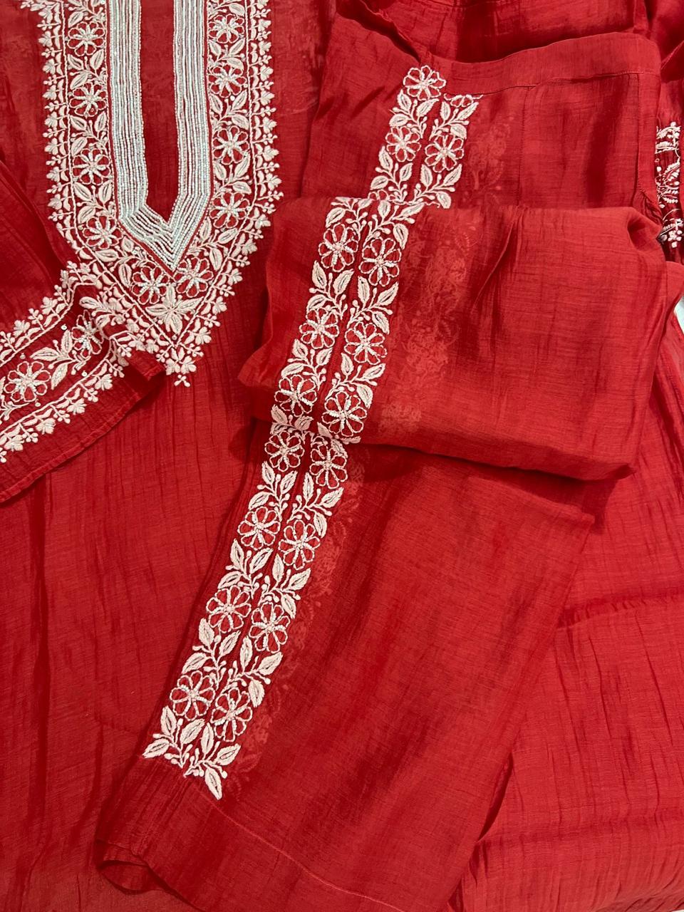 Blood Red Mul Chanderi Semi stitched Co ord set