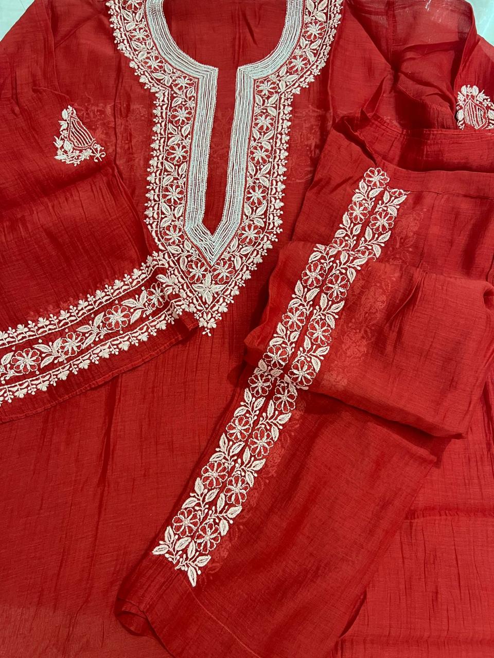 Blood Red Mul Chanderi Semi stitched Co ord set