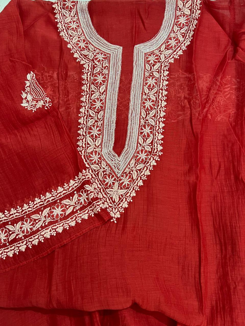 Blood Red Mul Chanderi Semi stitched Co ord set