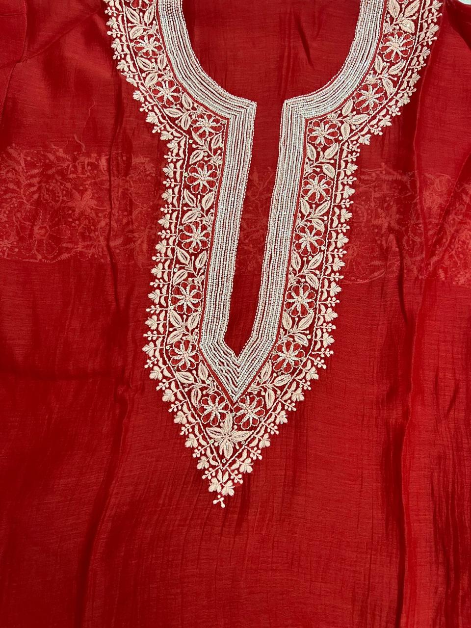 Blood Red Mul Chanderi Semi stitched Co ord set