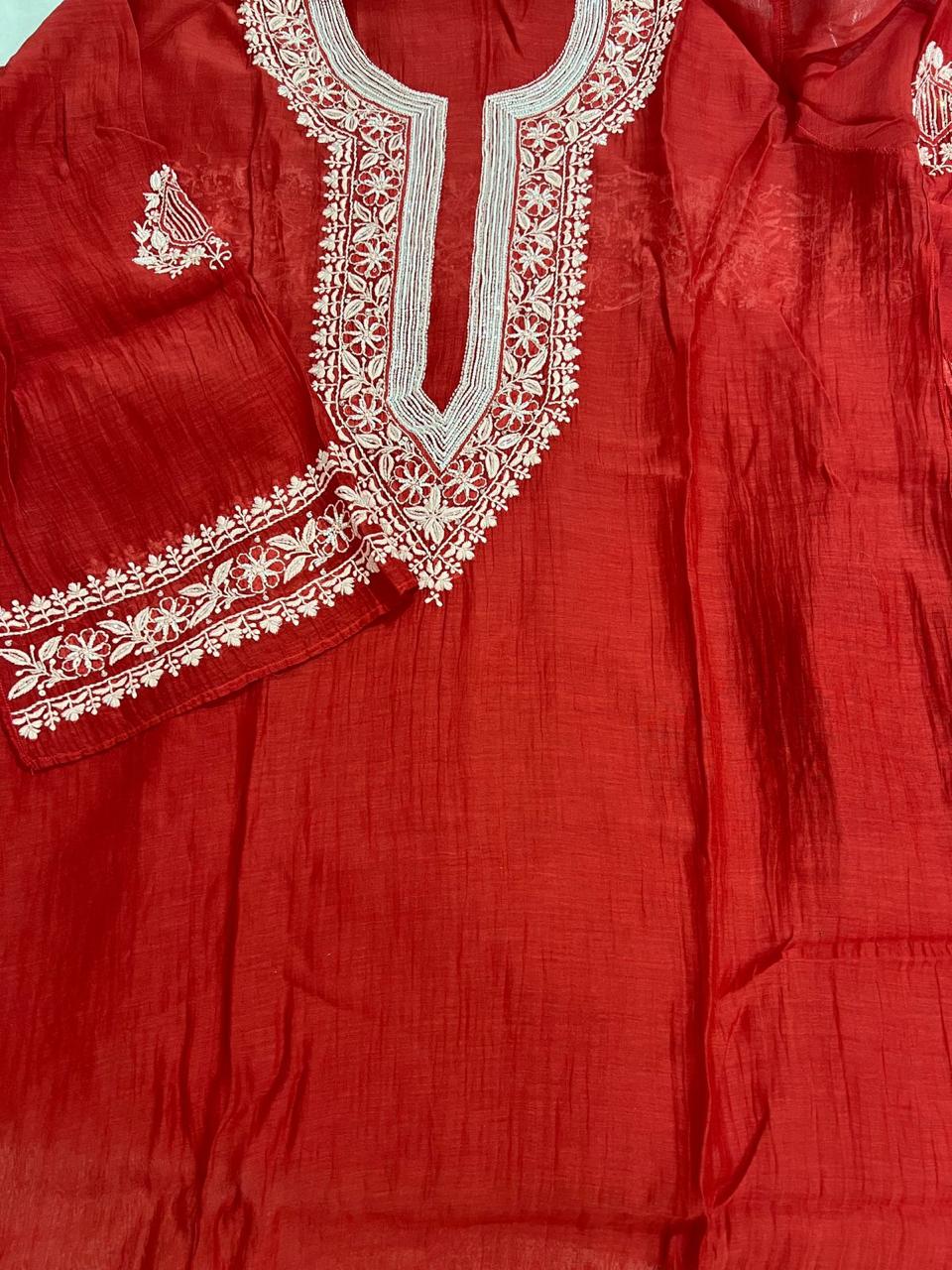 Blood Red Mul Chanderi Semi stitched Co ord set