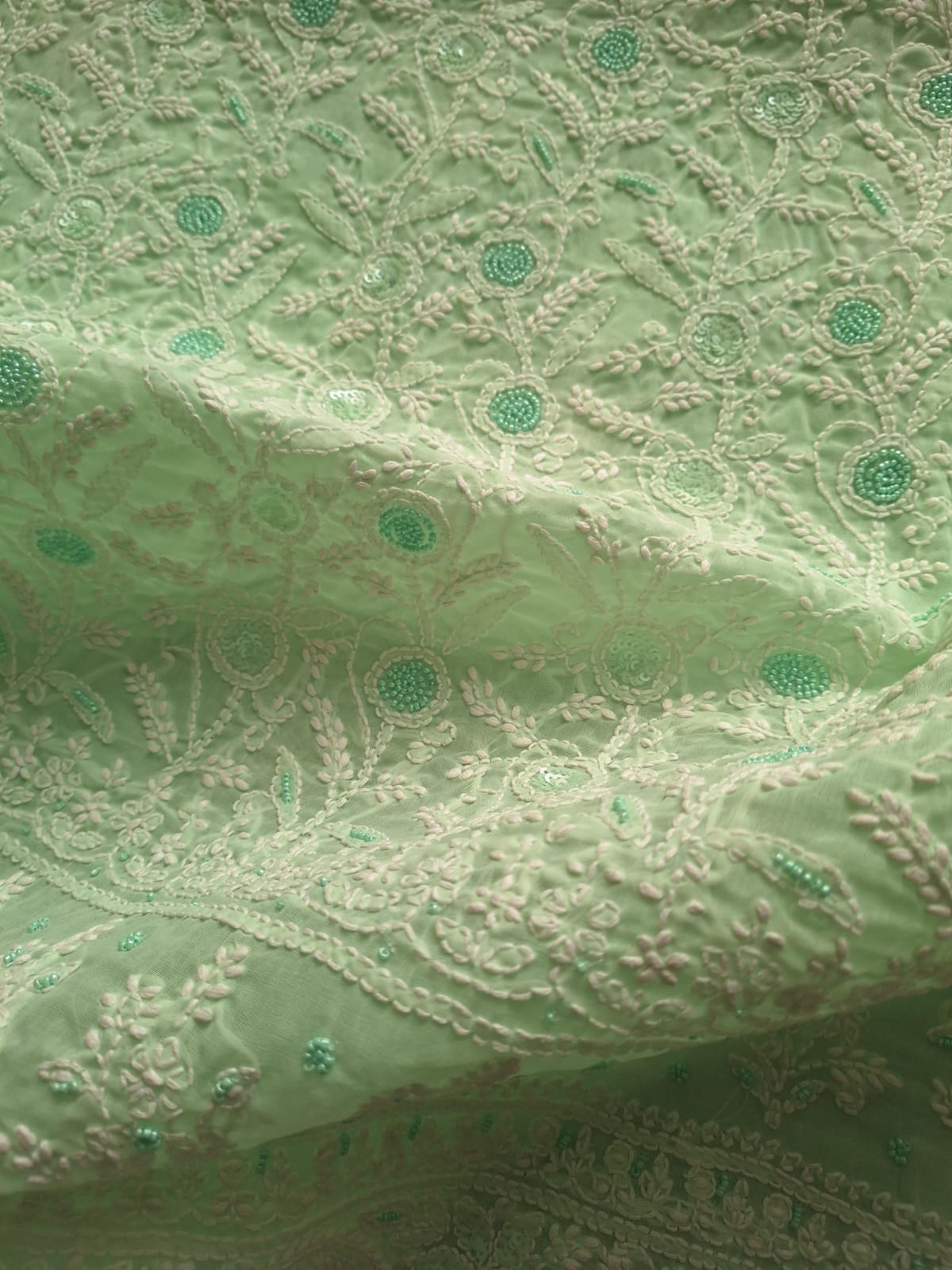Mint Green Cotton Full suit with Handwork and Pearl Sequins Work