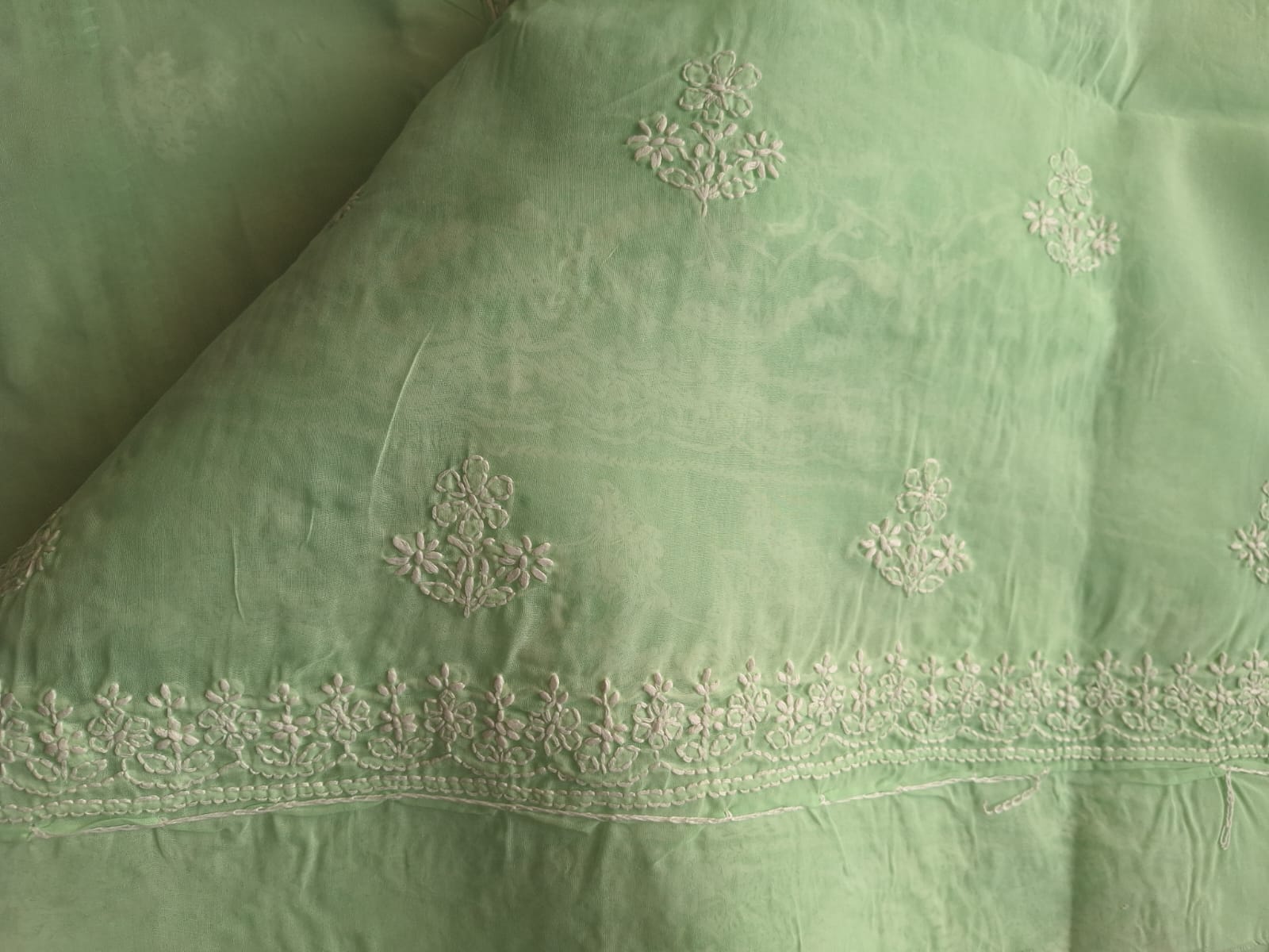 Mint Green Cotton Full suit with Handwork and Pearl Sequins Work