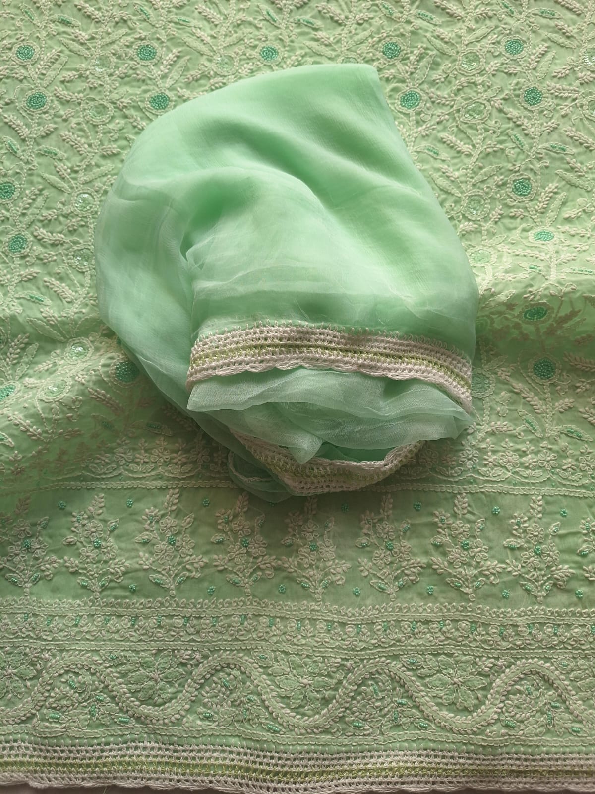 Mint Green Cotton Full suit with Handwork and Pearl Sequins Work