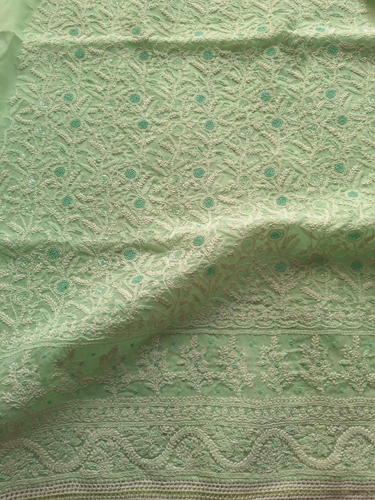 Mint Green Cotton Full suit with Handwork and Pearl Sequins Work