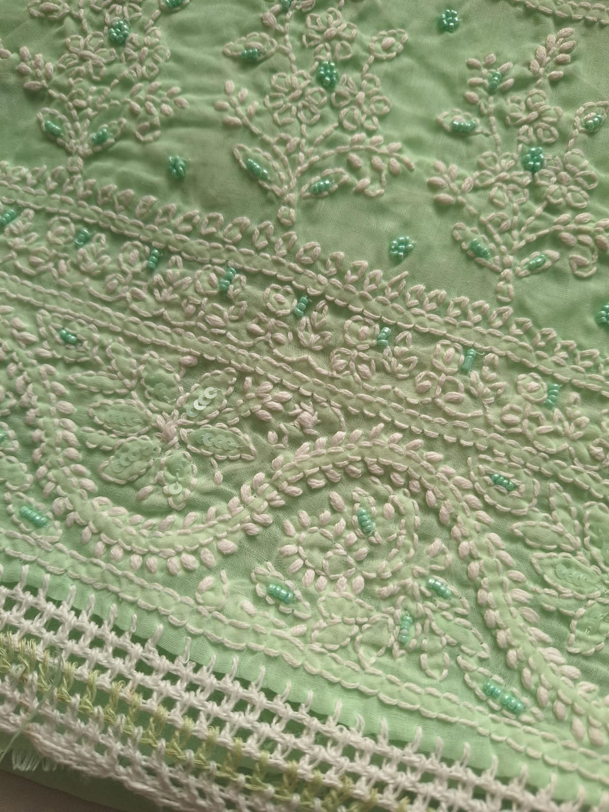 Mint Green Cotton Full suit with Handwork and Pearl Sequins Work