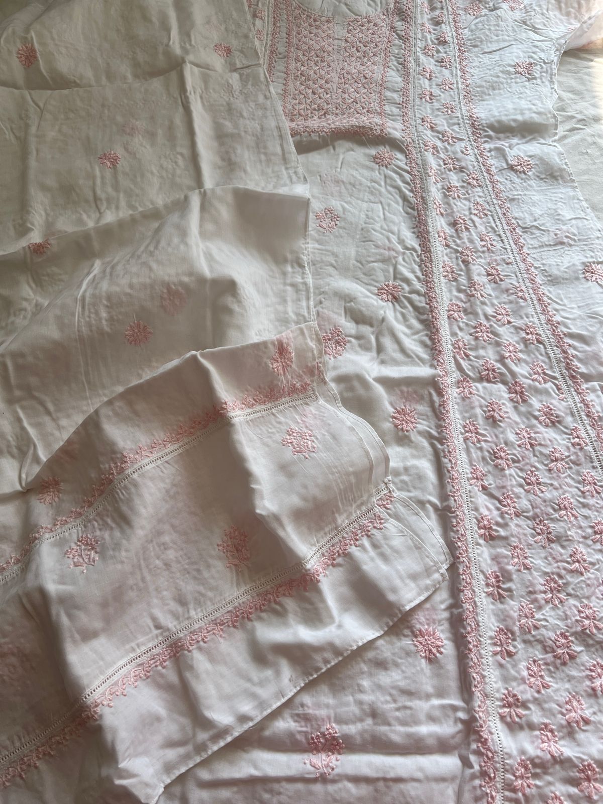 Mul Cotton Semi Stitched A line Full embroidered Kurta and Dupatta