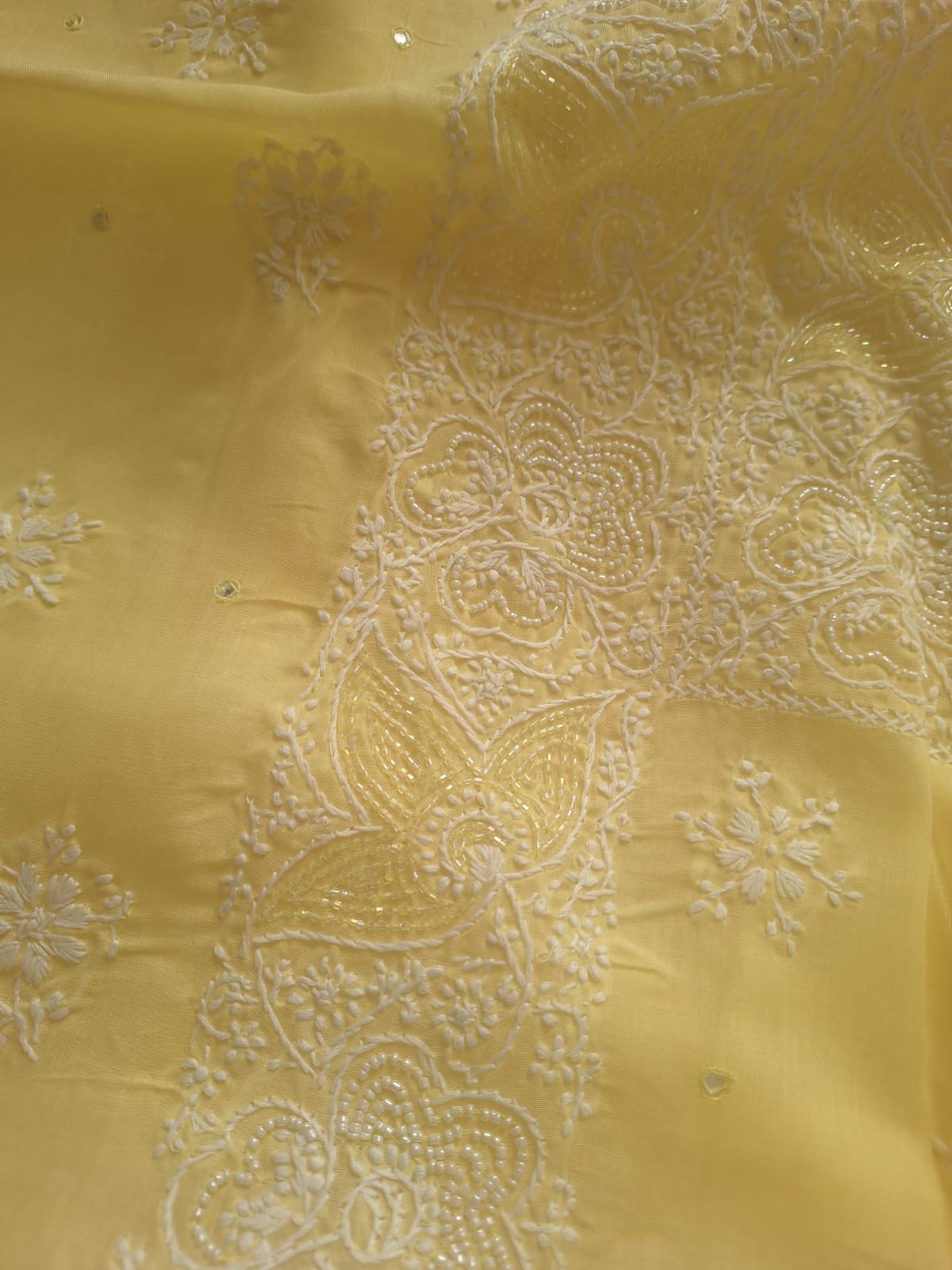 Lemon cotton full suit with Lucknowi work and add on