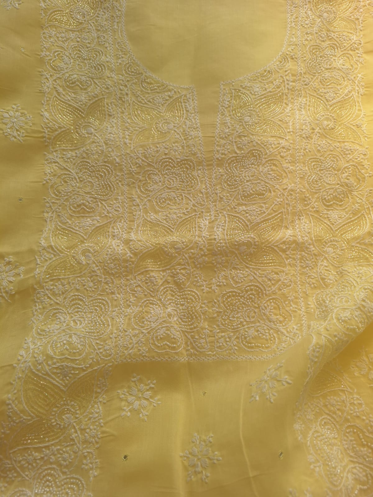 Lemon cotton full suit with Lucknowi work and add on