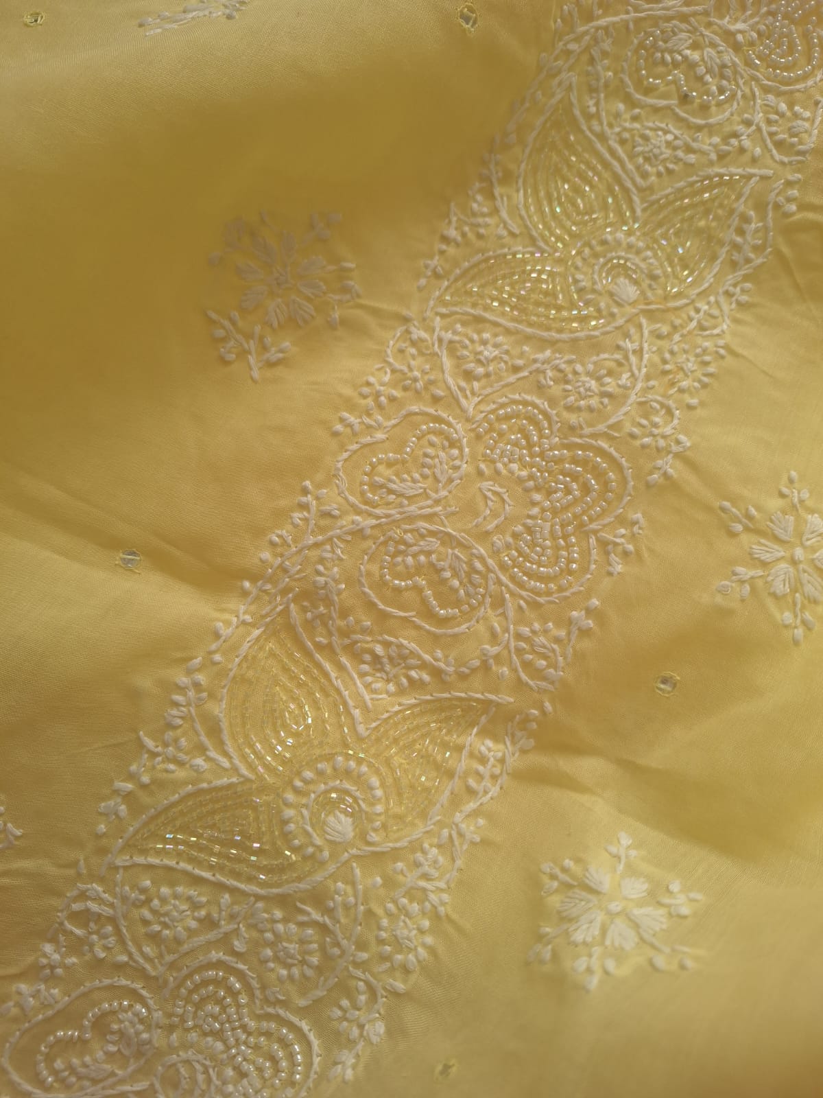 Lemon cotton full suit with Lucknowi work and add on