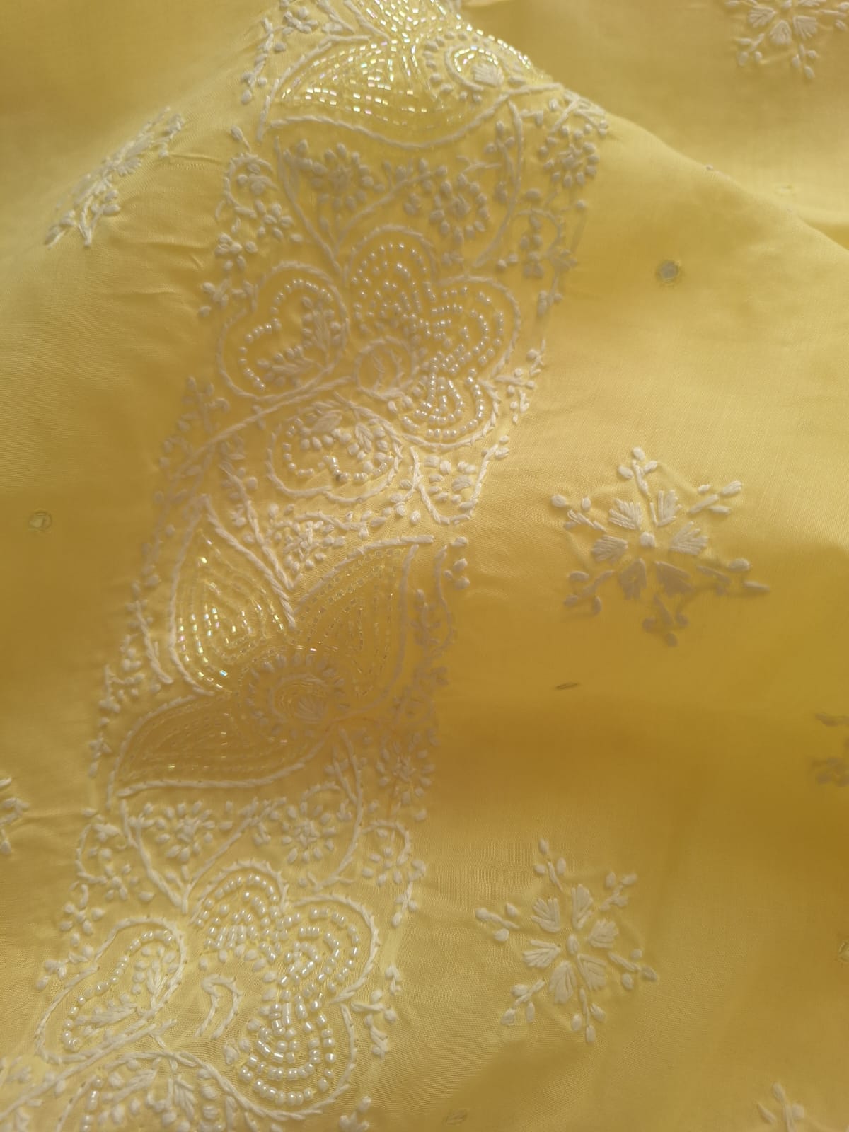 Lemon cotton full suit with Lucknowi work and add on