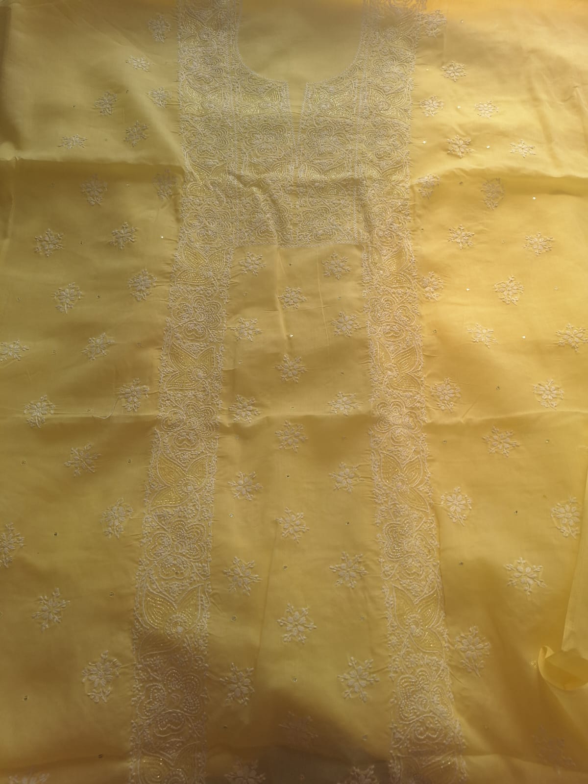 Lemon cotton full suit with Lucknowi work and add on