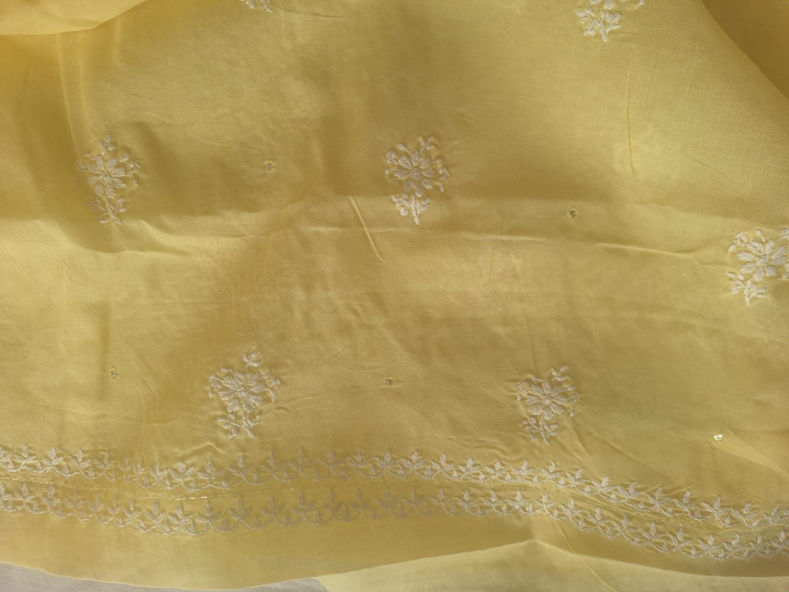 Lemon cotton full suit with Lucknowi work and add on