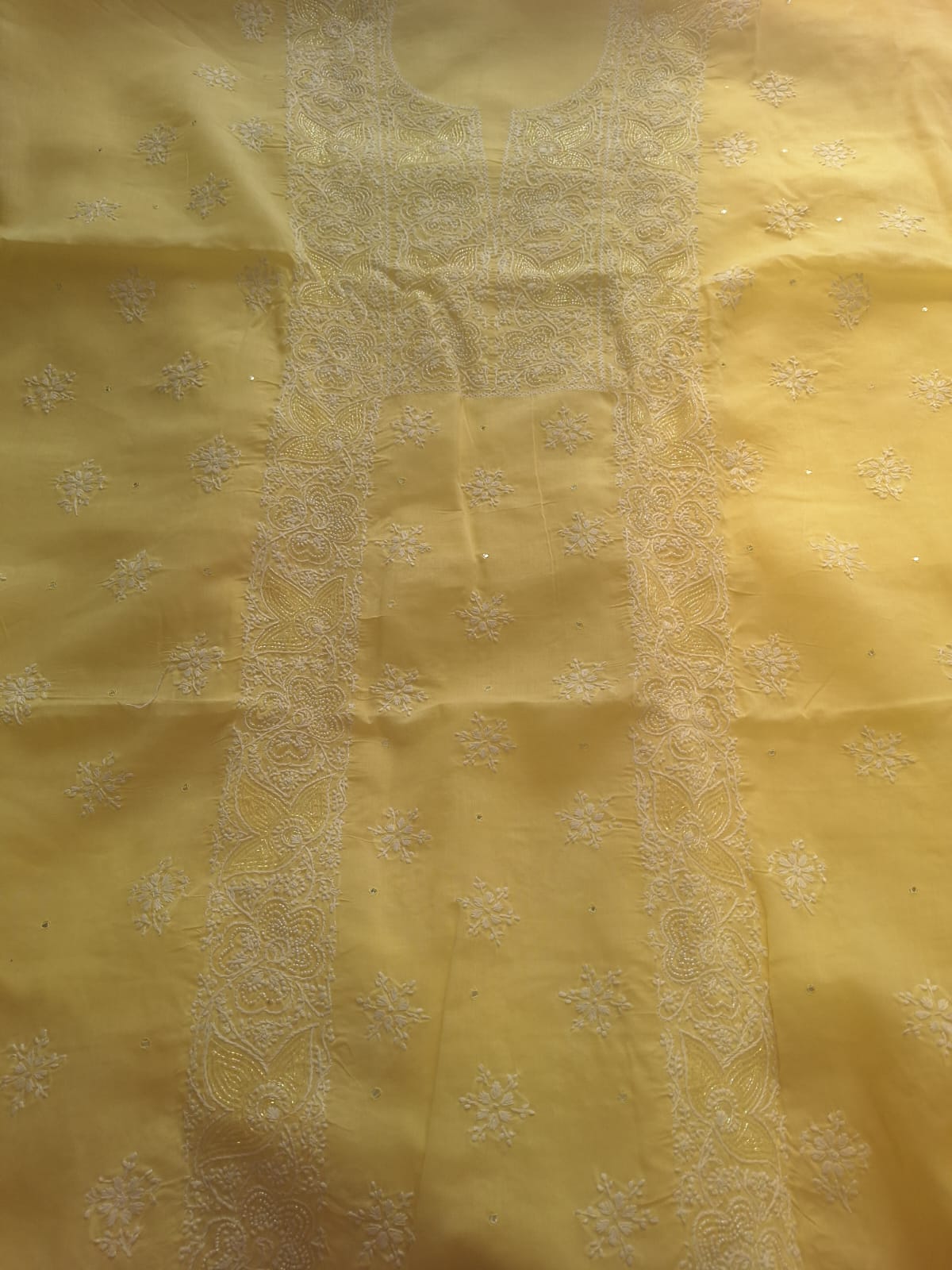 Lemon cotton full suit with Lucknowi work and add on