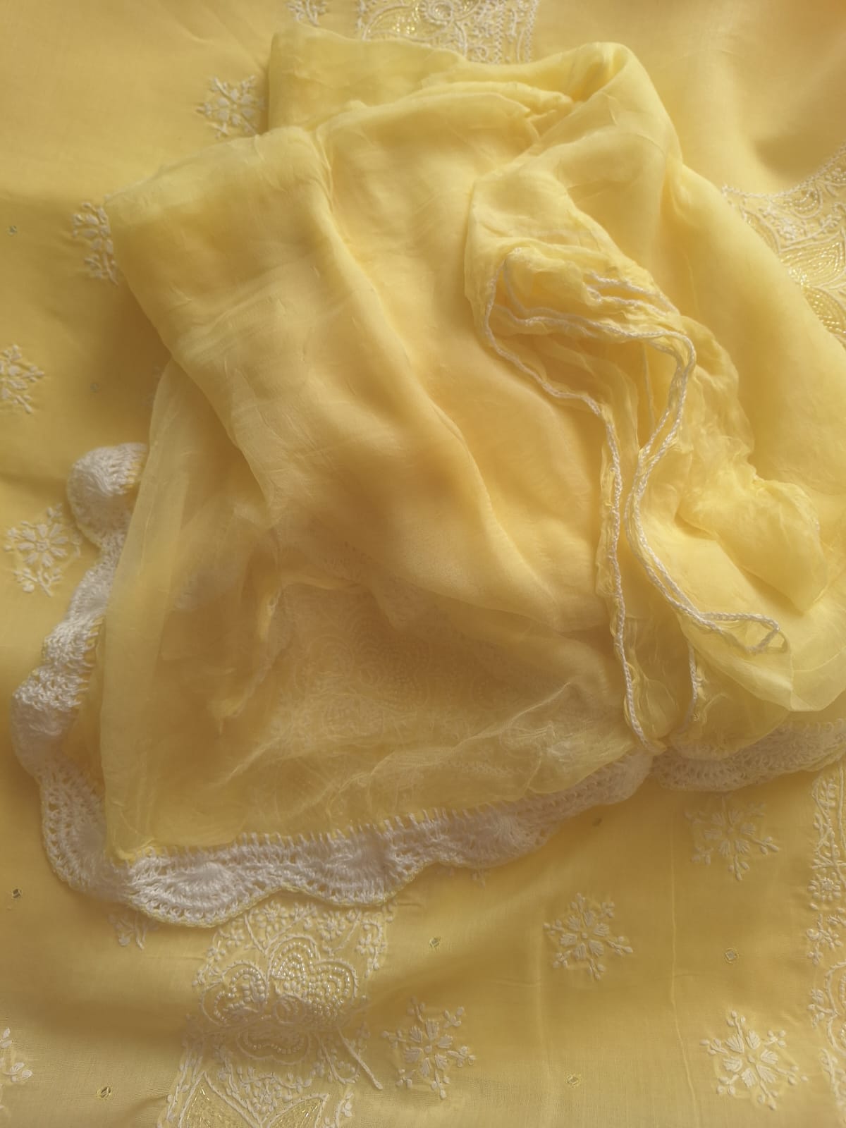 Lemon cotton full suit with Lucknowi work and add on