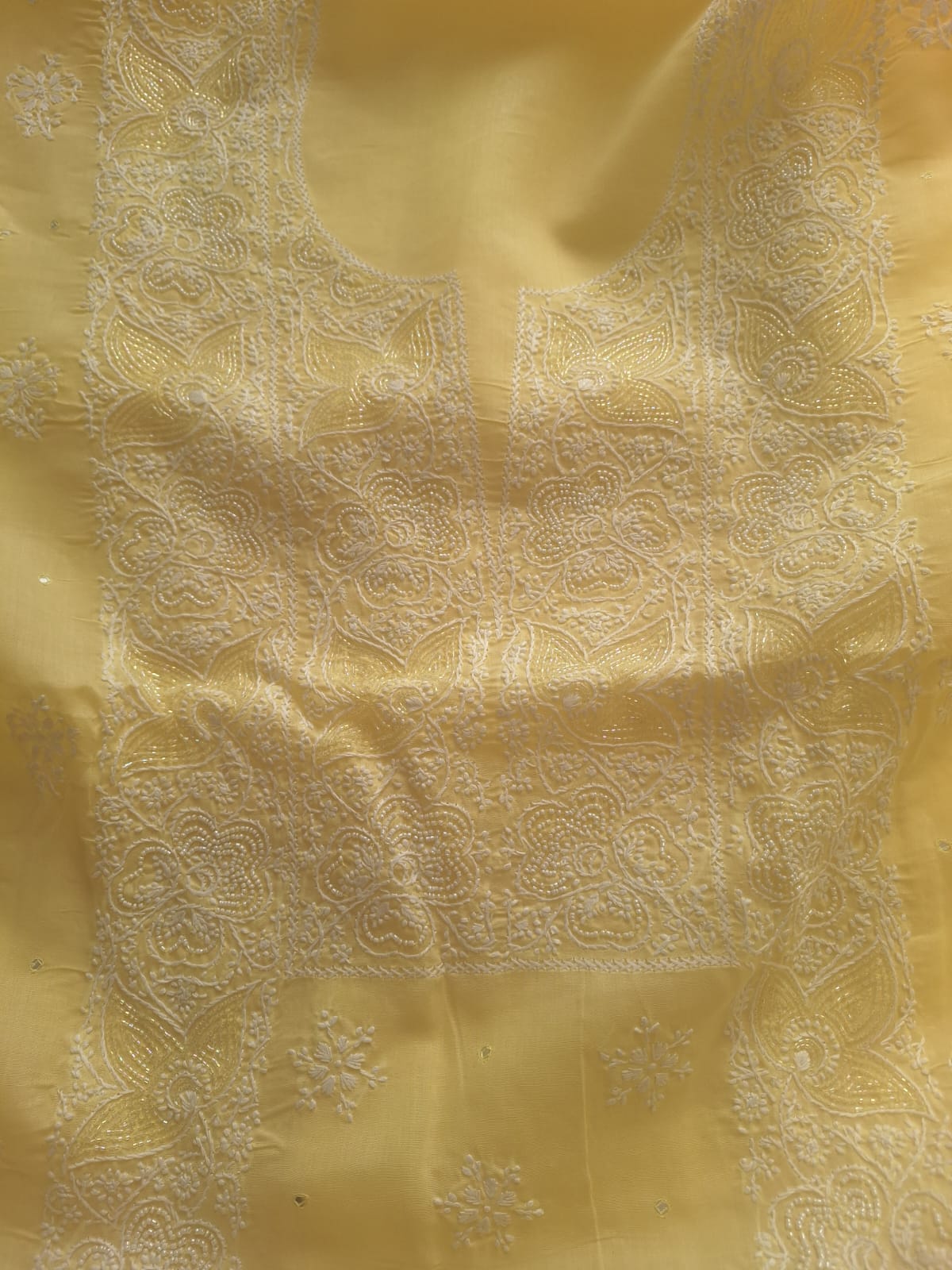 Lemon cotton full suit with Lucknowi work and add on