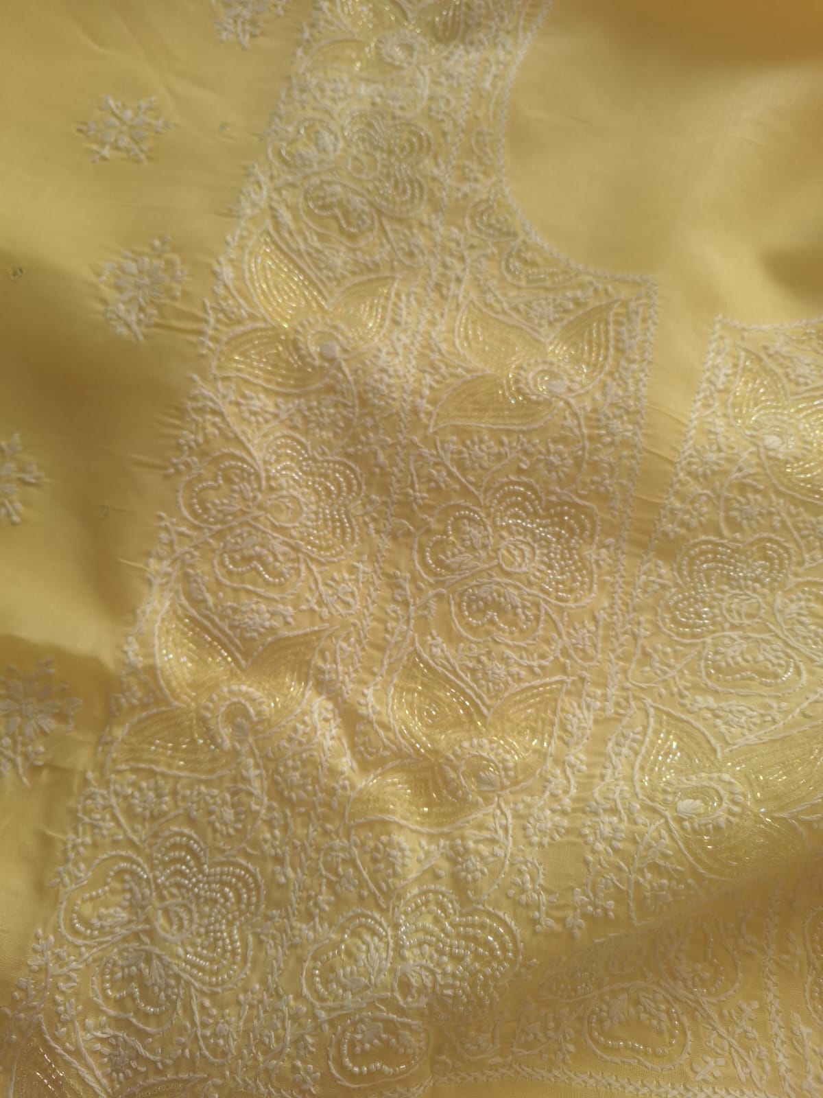 Lemon cotton full suit with Lucknowi work and add on