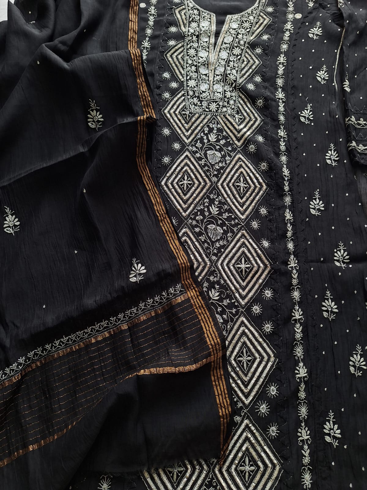 Black Mul Chanderi semi Stitched kurta dupatta with Handwork and embellishments