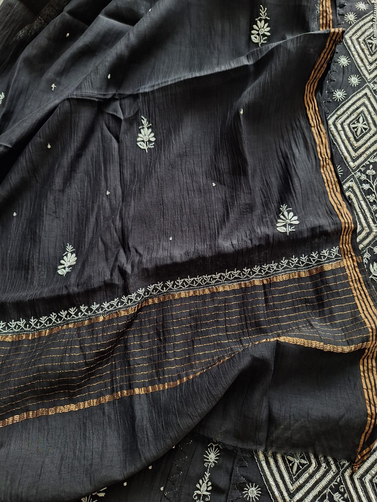 Black Mul Chanderi semi Stitched kurta dupatta with Handwork and embellishments