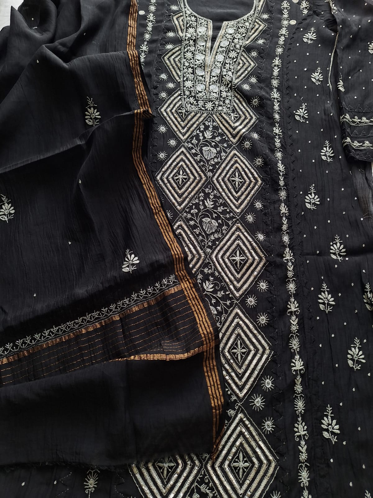 Black Mul Chanderi semi Stitched kurta dupatta with Handwork and embellishments