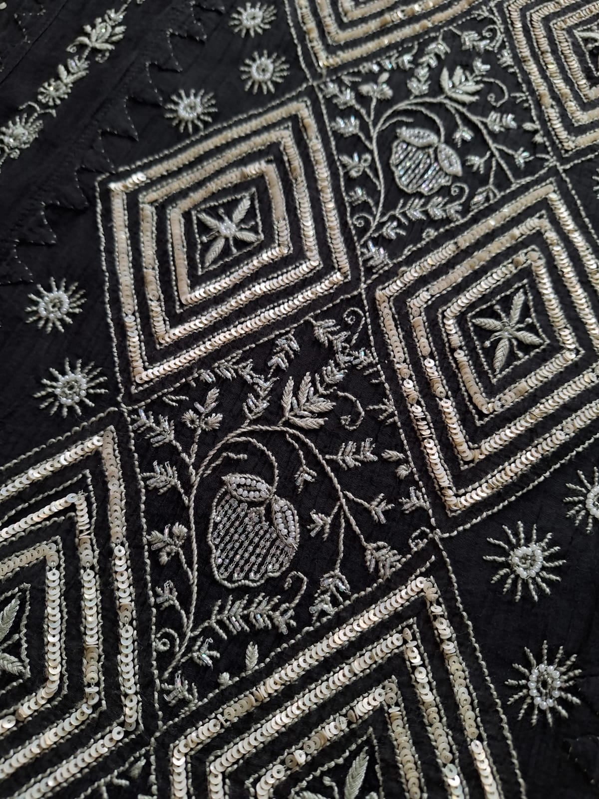 Black Mul Chanderi semi Stitched kurta dupatta with Handwork and embellishments