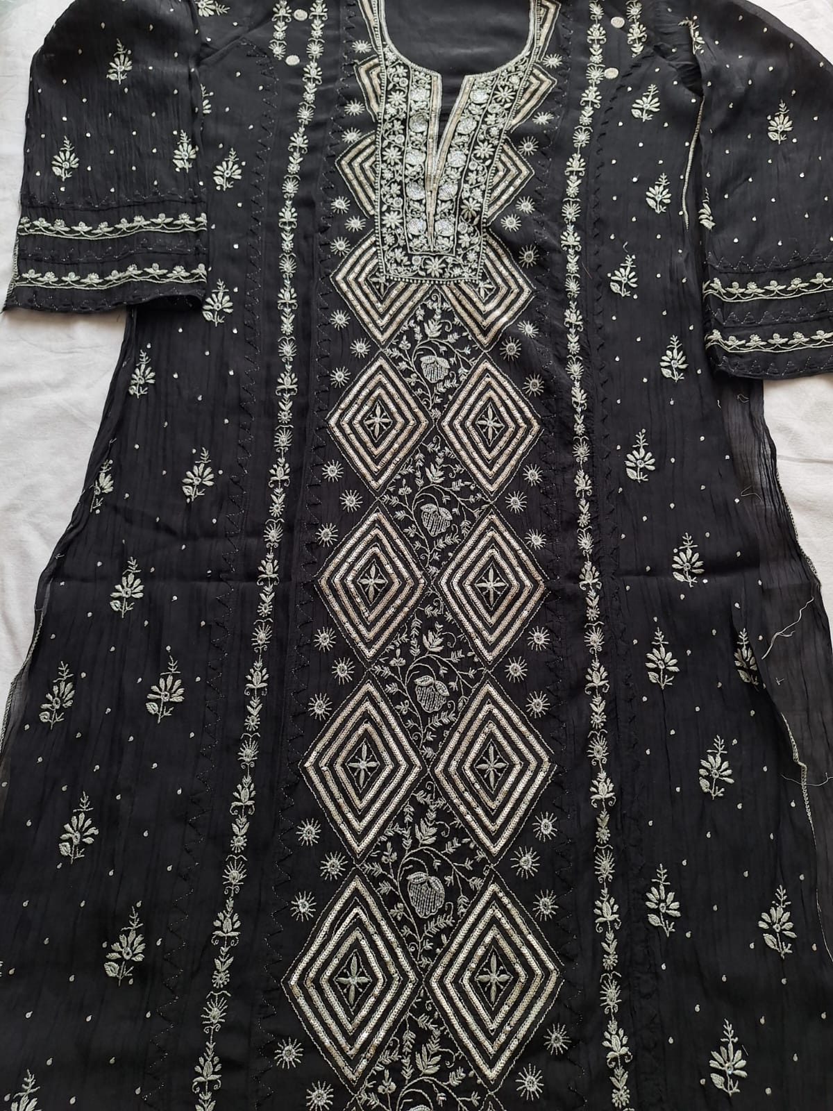 Black Mul Chanderi semi Stitched kurta dupatta with Handwork and embellishments